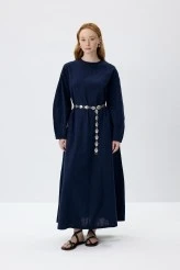 Navy Blue Natural Textured Cotton Dress - 1
