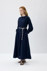 Navy Blue Natural Textured Cotton Dress - 3