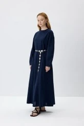 Navy Blue Natural Textured Cotton Dress - 2