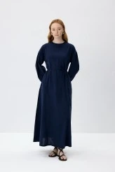 Navy Blue Natural Textured Cotton Dress - 4