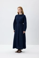 Navy Blue Natural Textured Cotton Dress - 5