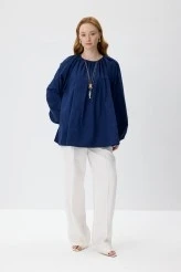 Lacivert Volanlı Poplin Bluz - 1