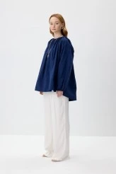 Lacivert Volanlı Poplin Bluz - 4