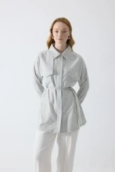 Açık Gri Dökümlü Oversize Gömlek - 5