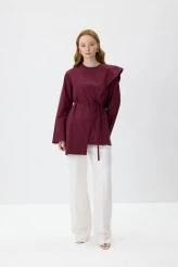 Burgundy Scarf Detailed Poplin Blouse - 2