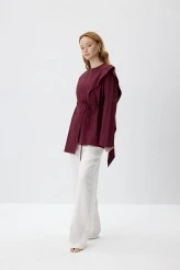 Burgundy Scarf Detailed Poplin Blouse - 3