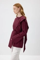 Burgundy Scarf Detailed Poplin Blouse - 4