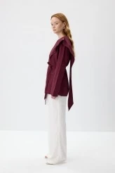 Burgundy Scarf Detailed Poplin Blouse - 5