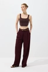 Bordo Kemerli Keten Pantolon - 1