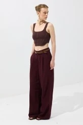 Bordo Kemerli Keten Pantolon - 2