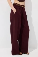 Bordo Kemerli Keten Pantolon - 3