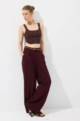 Bordo Kemerli Keten Pantolon - 4