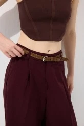 Bordo Kemerli Keten Pantolon - 5