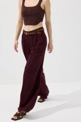 Bordo Kemerli Keten Pantolon - 6
