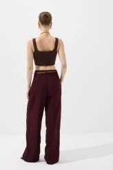 Bordo Kemerli Keten Pantolon - 7