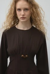 Dark Brown Pleated-Waist Dress - 2