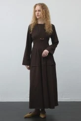 Dark Brown Pleated-Waist Dress - 3