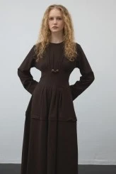 Dark Brown Pleated-Waist Dress - 4