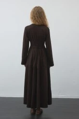 Dark Brown Pleated-Waist Dress - 7