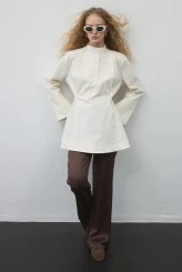 Ekru Volanlı Gabardin Tunik - 1