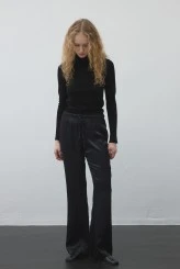 Black Elastic Waist Satin Palazzo Pants - 2