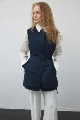 Navy Gabardine Pocketed Belted Vest - 1