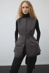 Khaki Gabardine Pocketed Belted Vest - 4