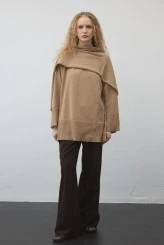Camel Knit Sweater With Scarf - 2