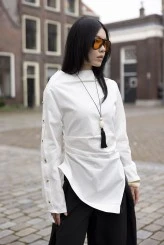 Ekru Asimetrik Gabardin Gömlek - 1