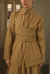 Camel Kuşaklı Poplin Gömlek - 5