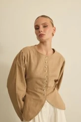 Naturel Doğal Dokulu Bel Vurgu Bağcıklı Ceket - 6