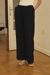Navy Blue Elastic Waist Draped Pants - 2