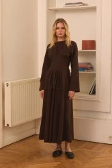 Dark Brown Pleated-Waist Dress - 7