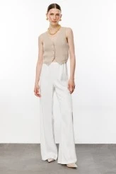 Ekru Beli Lastikli Saten Palazzo Pantolon - 3