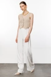 Ekru Beli Lastikli Saten Palazzo Pantolon - 4