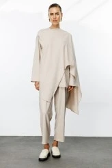 Beige Asymmetrical Blouse with Shawl Detail - 3