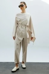 Beige Asymmetrical Blouse with Shawl Detail - 2