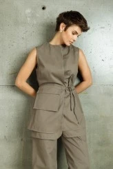 Beige Gabardine Pocketed Belted Vest - 6