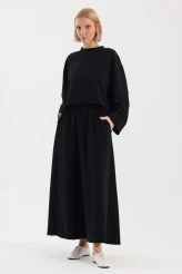 Black Double-Sleeve Detailed Skirted Basic Set - 4