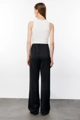 Black Elastic Waist Satin Palazzo Pants - 4