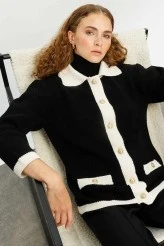 Black Textured Polo Collar Cardigan - 1