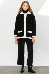 Black Textured Polo Collar Cardigan - 3