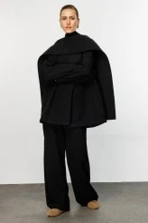 Black Wool-Blend Jacket with Scarf - 2