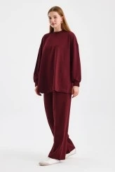 Bordo Kemerli Basic Sweat Pantolonlu Takım - 4