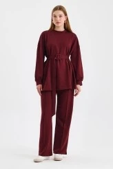 Bordo Kemerli Basic Sweat Pantolonlu Takım - 3