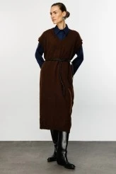 Brown V-Neck Knit Dress - 3