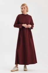 Burgundy Cuff Detailed Basic Dress - 3