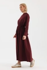 Burgundy Cuff Detailed Basic Dress - 5