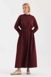 Burgundy Cuff Detailed Basic Dress - 6