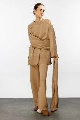 Camel Knit Sweater With Scarf - 2